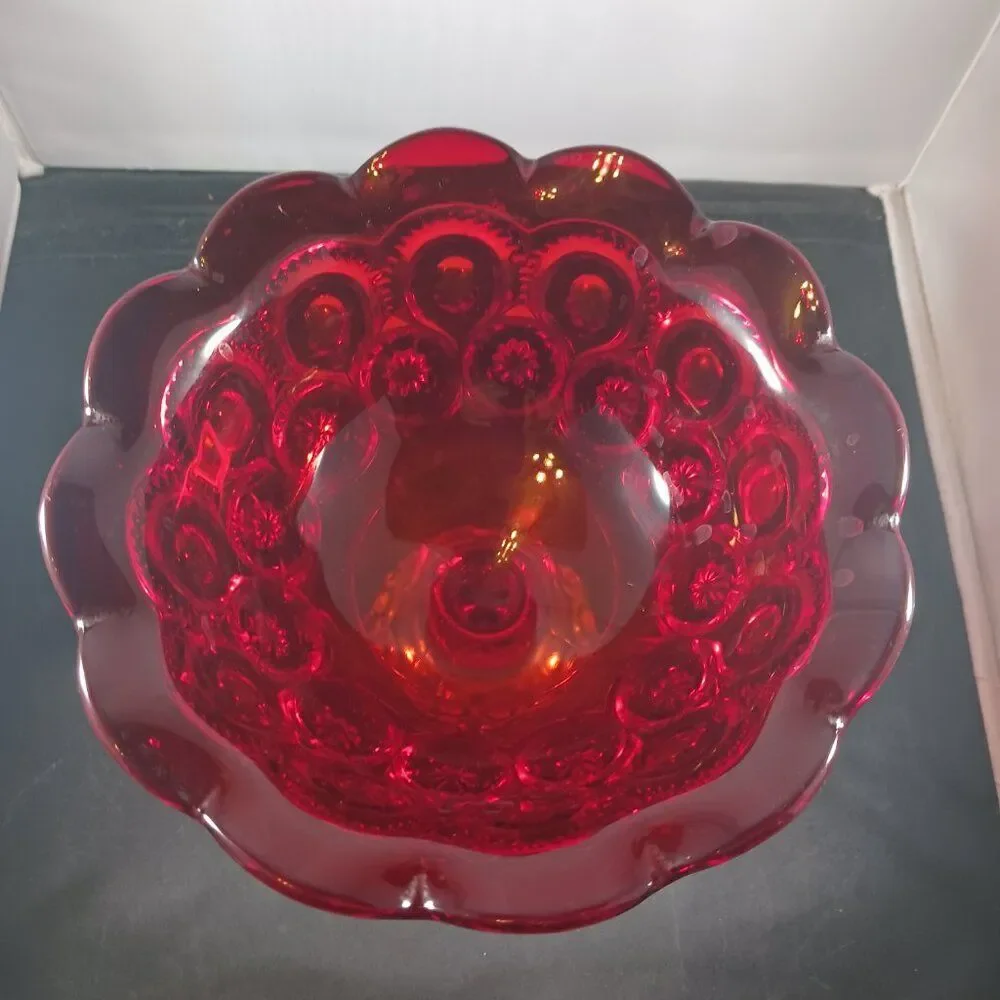 LE Smith Moon & Stars Red Orange Glass Pedestal Footed Compote Candy Dish Bowl